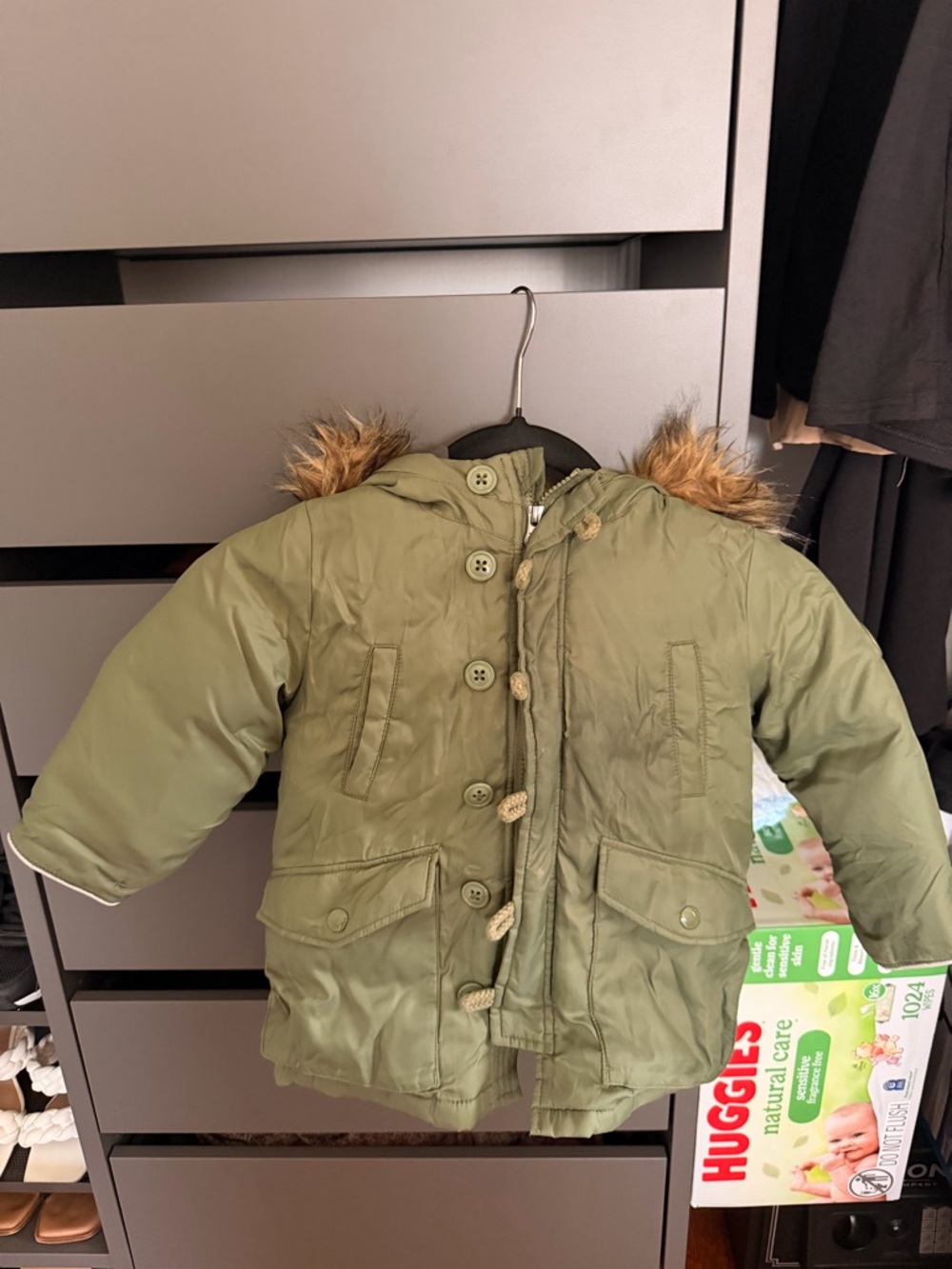 GAP Olive Green Kids Puffer Jacket with Faux Fur Trim Hood